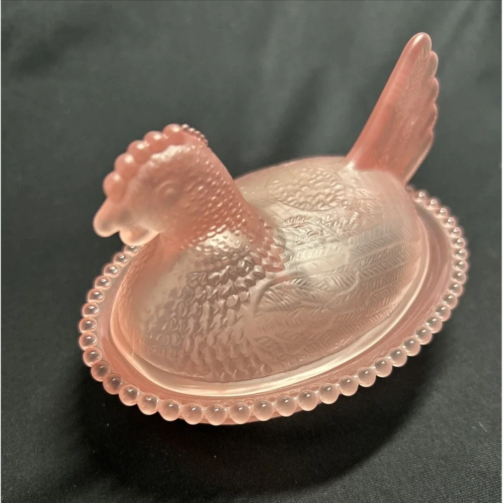 Satin Pink Hen On Nest By Rose's Closet, W/ Box & Sticker, Real Glass Hen CG25